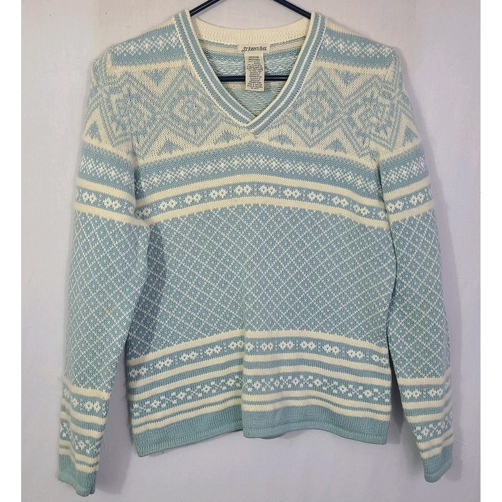 Vntg St Johns Bay Womens Med Angora Blend Fair Isle Baby Blue/White Sweater